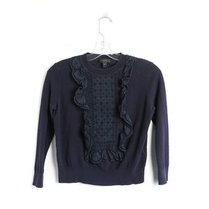 J Crew dark navy blue blouse front bib ruffle cropped knit top sweater romantic